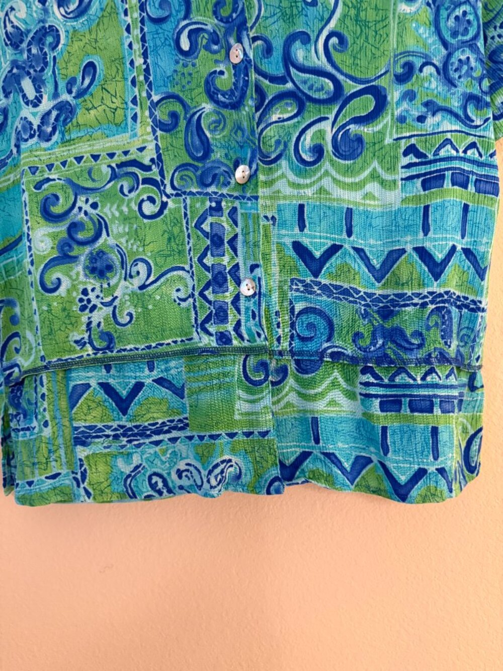 Vintage 90s CM Shapes Blue Green Printed Button Down Blouse L/XL - Picture 4 of 10